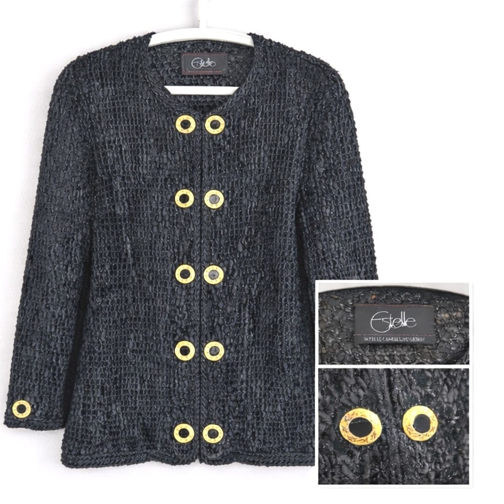 Vintage Estelle L Textured Jacket Black Gold Button Cardigan Blazer 80s Luxe
